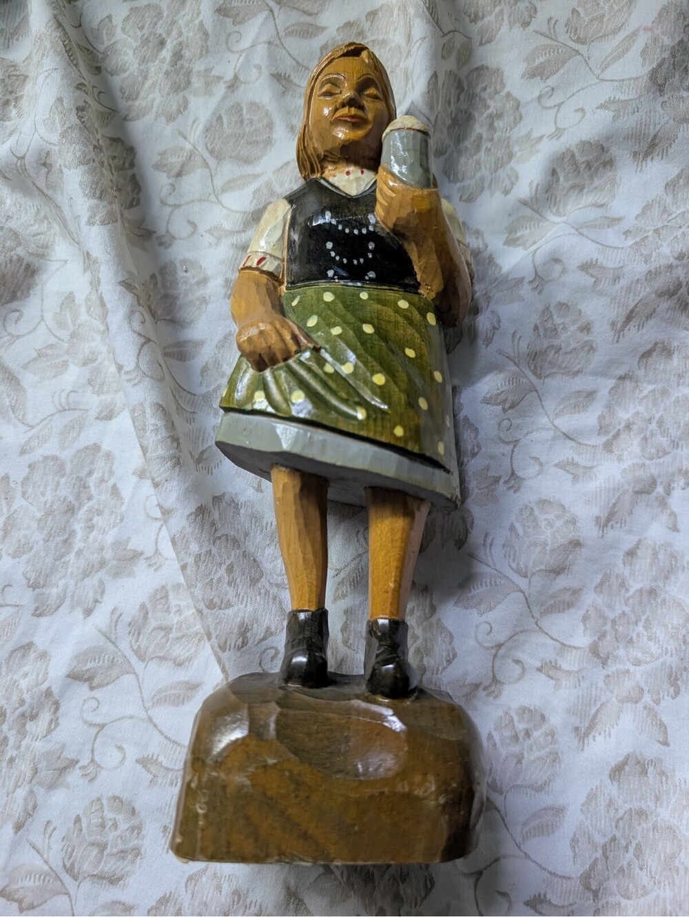 Hand Carved Folk art Wooden Figurine of Woman Holding Beer Mug